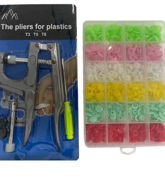 Kit Alicate Aplicador de Botões de Pressão de Plástico + Estojo com Botões Coloridos